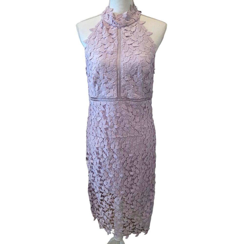 Bardot Lace Halter Midi Dress Open Back Lavender Floral Wedding Lilac Small